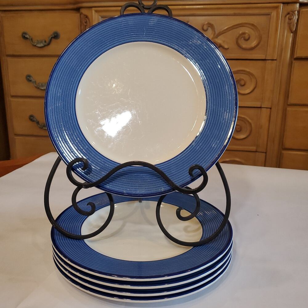 Set 4+1 Pagnossin Italy Ironstone Dinner Plates Blue Rim 10.75” Treviso